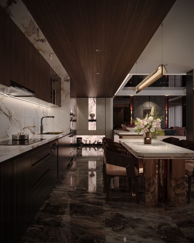 Thiết kế nội thất phòng khách liền bếp căn hộ 90m2 Vinhomes Ocean Park phong cách Modern Luxury